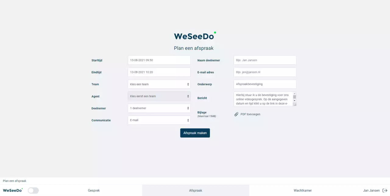 Screenshot van de afspraakpagina in WeSeeDo waar je makkelijk afspraken kunt inplannen